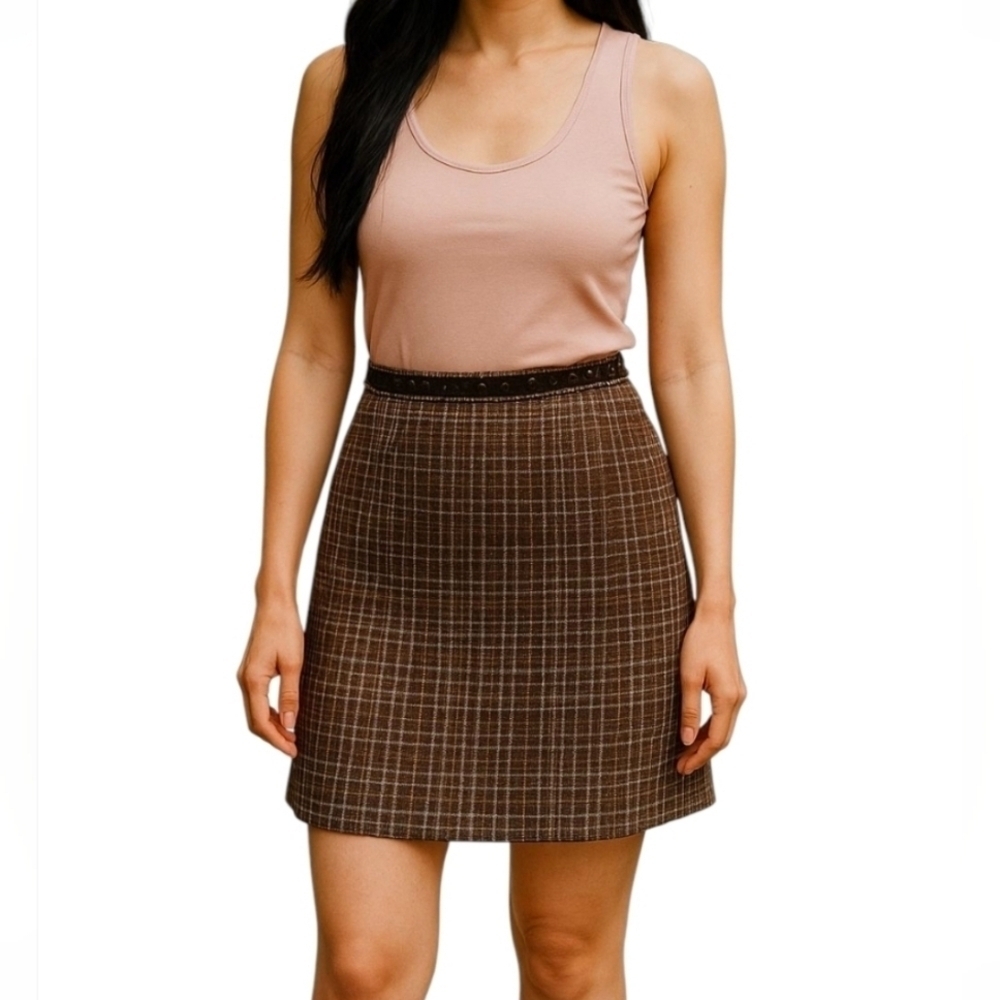 Rebecca Taylor Brown Pink Plaid Tweed Mini Skirt Size 2